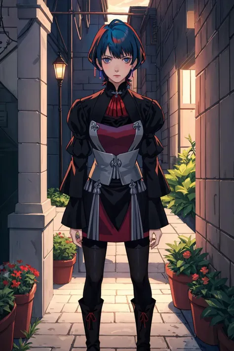 1boy, mbyleth, short blue hair, embarrassed, sad, crossdressing. flat-chest:5, makeup dangling earrings, red dress,  corset, detached sleeves, black pantyhose <lora:dorothea-nvwls-v2:0><lora:gmuniform-nvwls-v1:0>, garden, Garreg Mach, facing viewer <lora:M...