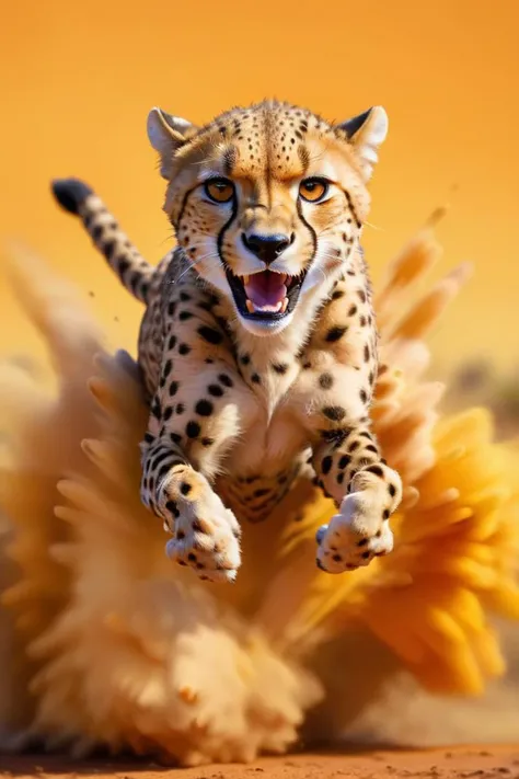 cxp style, a a cartoon cheetah jumping towards the camera, shades of orange and yellow, African savanna background <lora:cxp-000044:1.3>