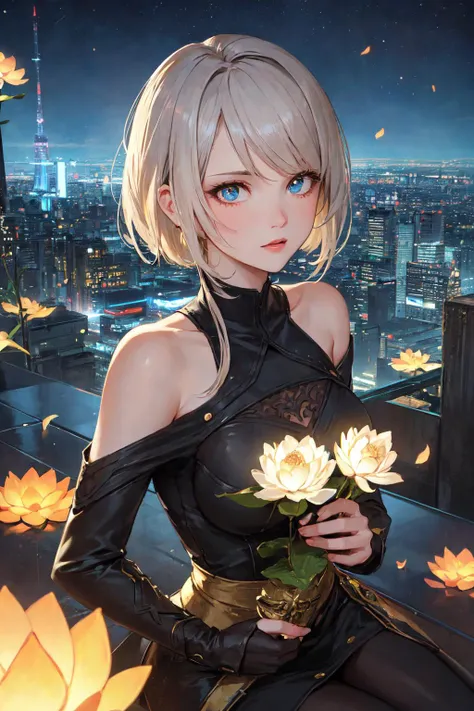 Professional fashion photography, best quality, sharp, cinematic scene, mature female, solo, yorha no. 2 type b, glowing eyes, (detailed face and eyes):1.2, sitting on a lotus flower in a starry night, with glowing orbs, sparks, and petals floating around ...