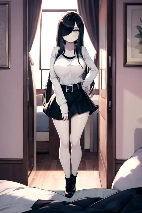 anime girl in a short skirt and white shirt standing in a room