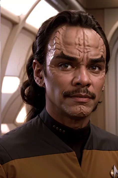 (denobulan:1.15) man, Michael Dorn, forehead, dark skin, ponytail, yellow s3stngunf, facial hair, beard, mustache, sci-fi starship background,<lora:race_st_denobulan:0.8>,  <lora:STNGV3new:0.7>