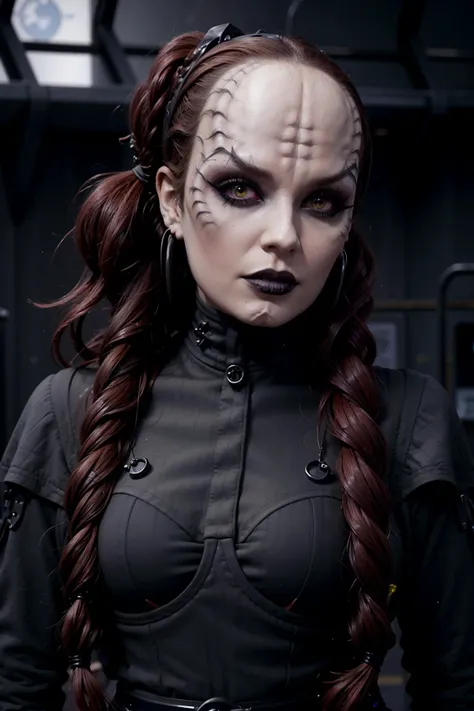 (denobulan:1.15) woman, (goth girlfriend), (gothic makeup:1.5), forehead, ponytail, sci-fi starship background,<lora:race_st_denobulan:0.8>