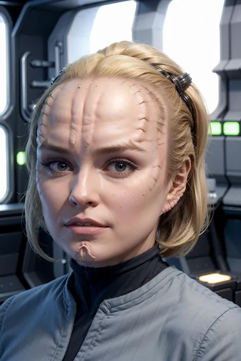 headshot of a denobulan woman, forehead, short hair, blonde hair, ponytail, sci-fi starship background,<lora:race_st_denobulan:0.8>