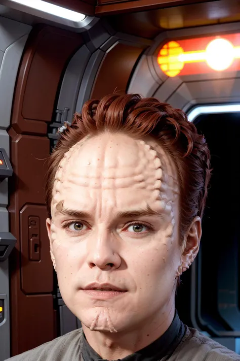 headshot of a denobulan man, forehead, short hair, red hair, sci-fi starship background,<lora:race_st_denobulan:0.85>