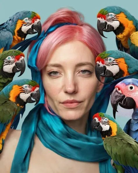 (( fauna_portrait )) ,  a woman with pink hair wearing a blue scarf , Parrot<lora:Fauna_Portrait_sdxl:1.0>