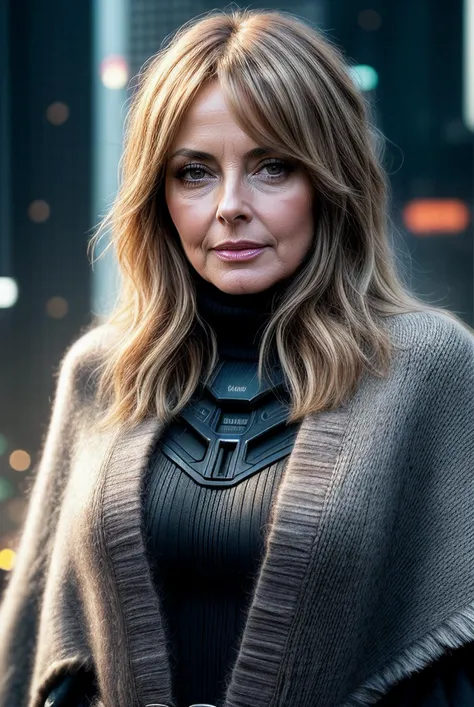 beautiful woman (EPC4r0lV0rd3rm4n:.99), perfect hair, jewelry, ((portrait)), (closeup:1.2), ((from the waist up)), (((  fantastic scenery, outdoors, cyberpunk city[::1] :1.2 ))), natural skin texture,  ((  Wool Poncho :1.2)), 24mm, 4k textures, soft cinema...