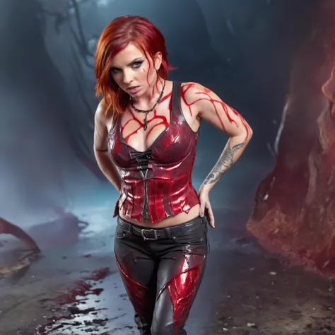 A professional visual FX shot featuring   Reality Distortion - Warped or Melted Surroundings  Amy Bruckner - Red Hair photographed posing  Slightly Twisted Torso, Hands Behind Back