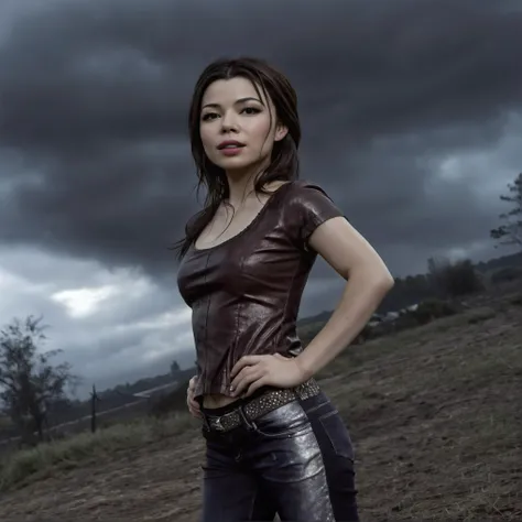 A professional visual FX shot featuring   Darkening Skies - Sudden Atmospheric Change for Drama  Miranda Cosgrove - Brown Hair photographed posing  Slightly Twisted Torso, Hands Behind Back