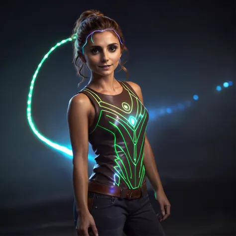 A professional visual FX shot featuring   Aura Effect - Glowing Outline Around Characters or Objects  Alyson Stoner - Light Brown Hair photographed posing  Slightly Twisted Torso, Hands Behind Back