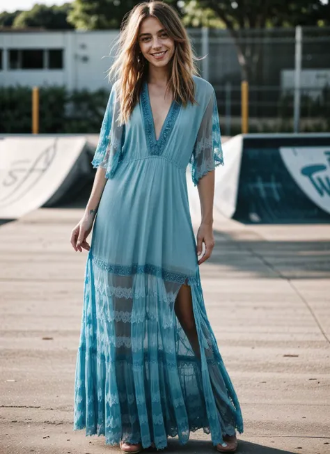 a woman in a blue dress standing on a skateboard ramp