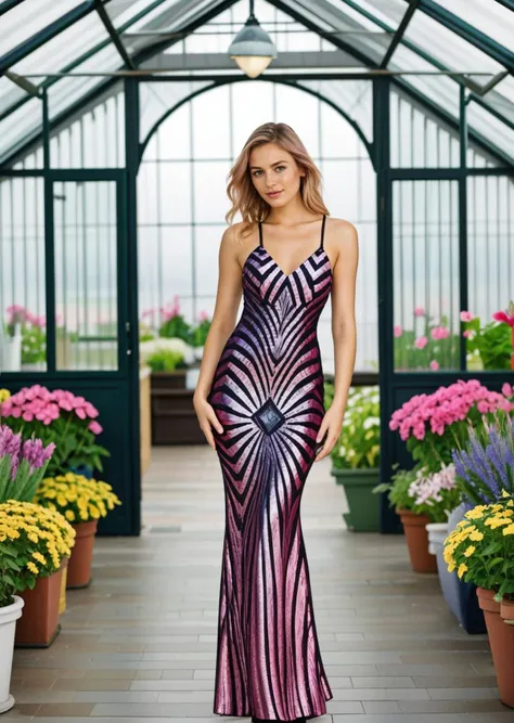 a woman in a purple and black striped gown standing in a greenhouse