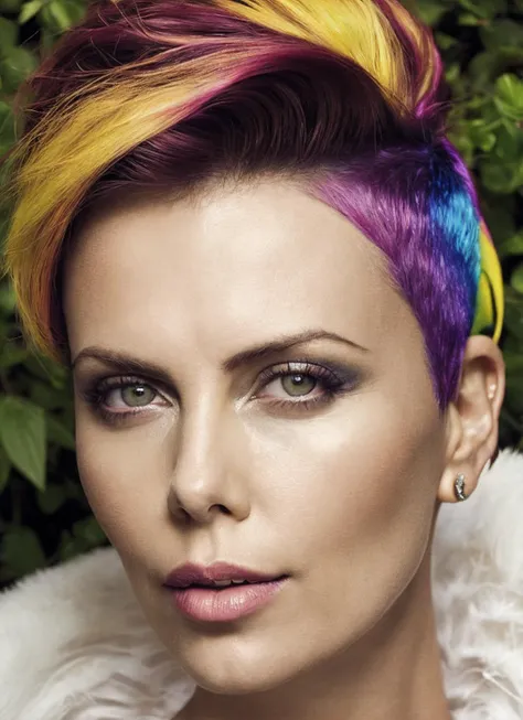 portrait of sks woman by Flora Borsi, style by Flora Borsi, bold, bright colours, rainbow Mohawk haircut, ((Flora Borsi)), <lora:locon_charlize_v1_from_v1_64_32:1.25>