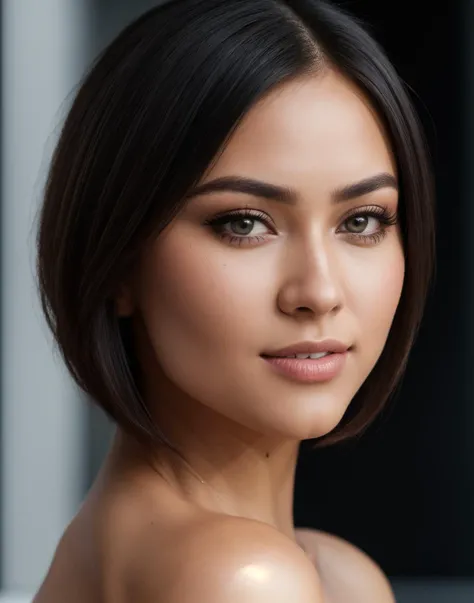 <lora:mt-valkyrae:1> mt-valkyrae, straight bob cut, professional head shot, perfect eyes, highly detailed beautiful expressive eyes, detailed eyes, glamorous hair, perfection gorgeous smile, light makeup,  good atmosphere. large depth of field, deep depth ...