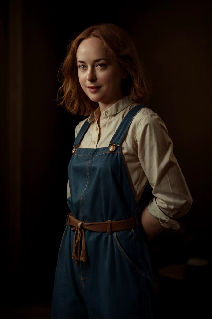 a profesional photo of 1girl dakota johnson,  smile, delicate body, slim body, slender body, small breasts, pale white skin, redhead, brown Denim dungaree dress ,   on theatre stage  arms crossed ,  Apprehensive - Biting lips and avoiding eye contact., per...