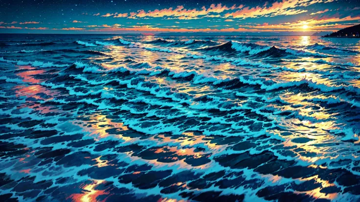 a close up of a painting of a sunset over the ocean