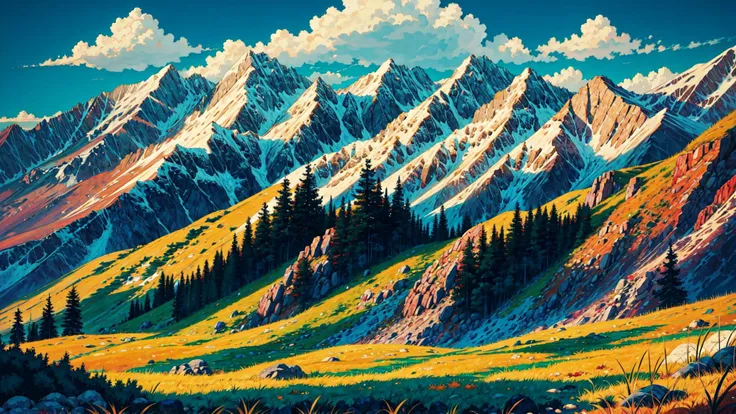 painting of a mountain scene with a valley and trees