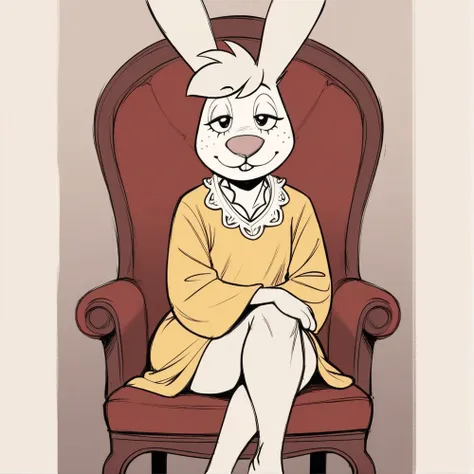 cartoon of a woman sitting in a chair with a rabbit on her head