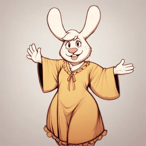 cartoon of a rabbit dressed in a yellow robe and a hat