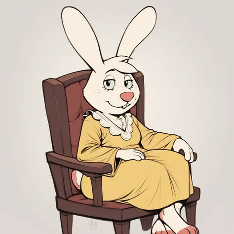 cartoon drawing of a woman in a yellow dress sitting in a chair