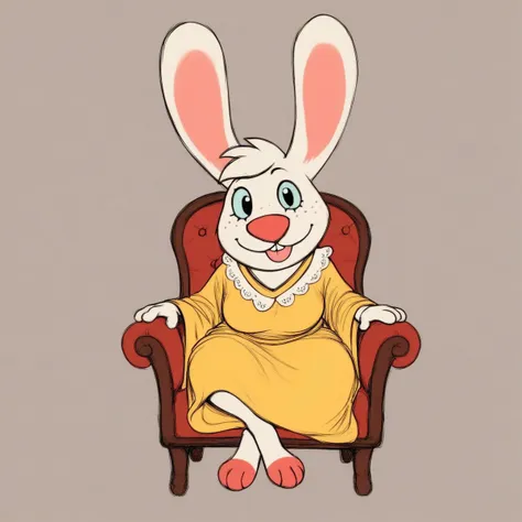 cartoon rabbit sitting in a chair with a yellow dress