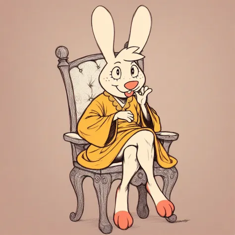 a cartoon rabbit sitting in a chair with a cup of coffee