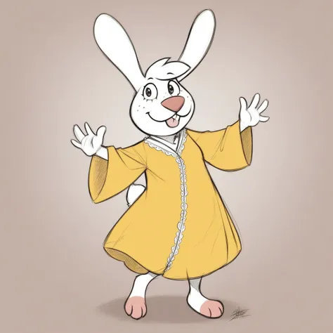 cartoon drawing of a rabbit dressed in a yellow robe