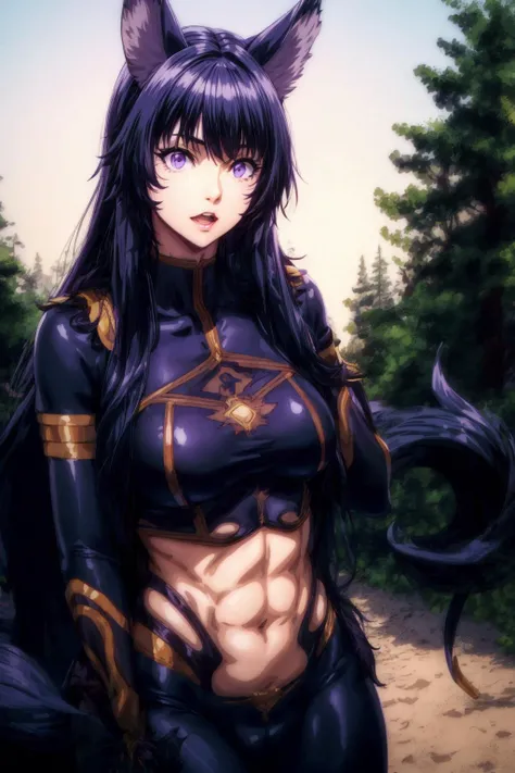 Delta <lora:Delta - NOxT:0.9> , young beautiful woman, 1woman (wolf ears:1.1), (black hair, long hair), purple eyes, midriff bodysuit with open belly, navel, forest, realistic, black tail, (night:1.1)