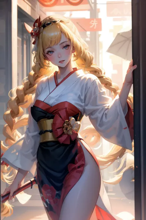 geisha, blonde hair, red light district,  <lyco:Athena-000025:1.0>