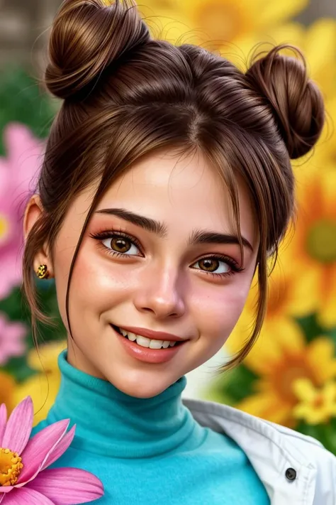 crypto art style, digital, vibrant, blockchain, detailed, photo of <lora:sd15_locon_JessyHartel_32_v2-000010:.9> JessyHartel, focus on eyes, close up on face, laughing, hair styled as flower bun,