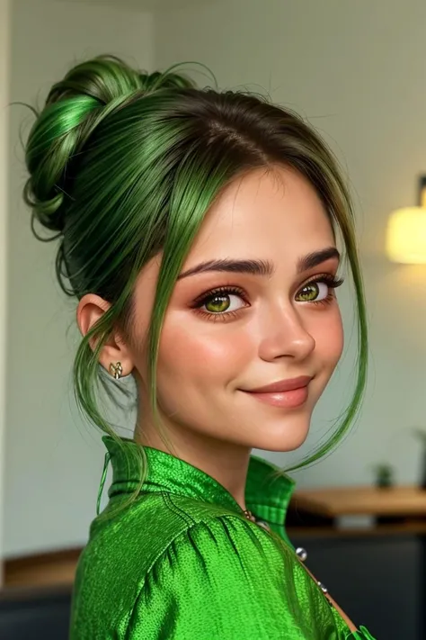 photo of <lora:sd15_locon_JessyHartel_32_v2-000010:.9> JessyHartel, focus on eyes, close up on face, smiling, wearing jewelry, verdant green color hair styled as dutch fishtail bun,