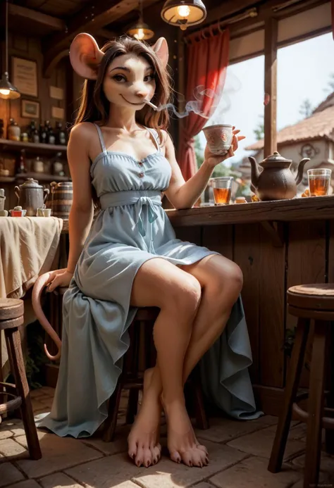 score_9, score_8_up, score_7_up, score_6_up, score_5_up, score_4_up, anthro mouse, woman, drinking tea, smoking, sun dress, bare...