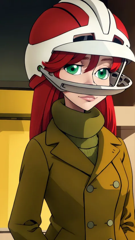 <lora:CousinBleh:0.8> CousinBleh, Bleh, 1girl, green eyes, red hair, white helmet with guard, closed coat, turtleneck, squinting