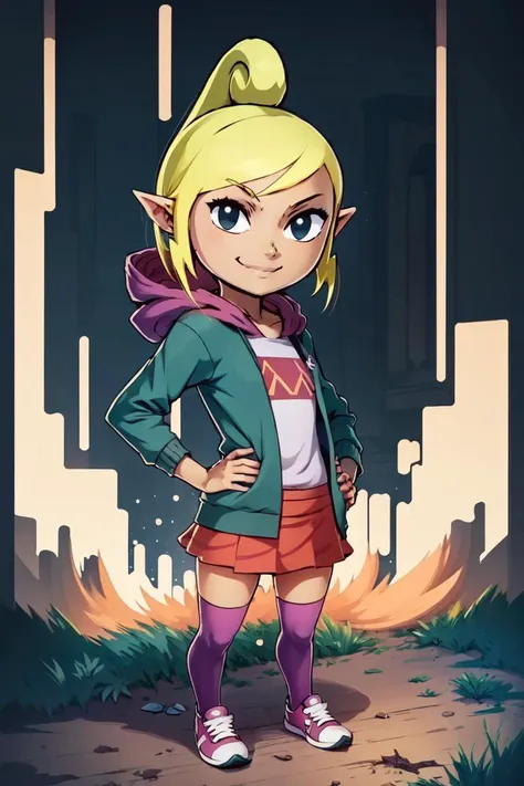 a cartoon girl in a green jacket and red skirt standing in front of a fire