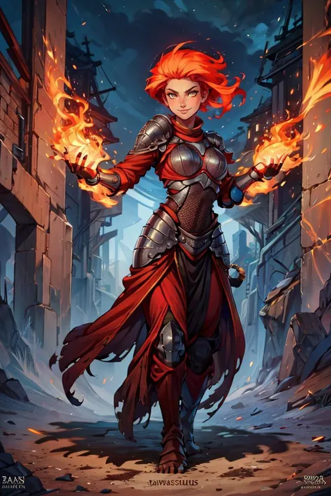 a woman in armor with fire in her hand