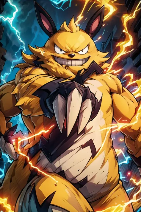 a cartoon image of a yellow pokemon character with lightning coming out of his mouth