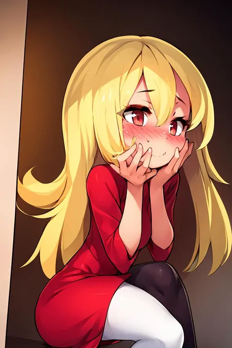 (masterpiece, best quality), 1girl, blonde hair, red dress, pantyhose, cute face, blush,