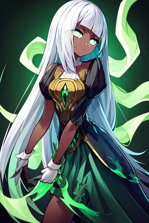 a woman with long white hair and green eyes in a green dress