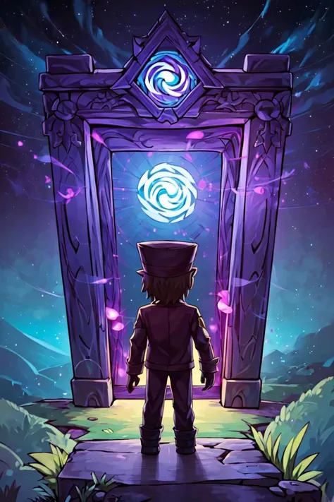 a cartoon character standing in front of a doorway with a light coming out