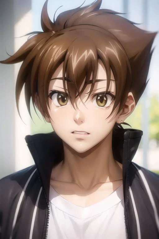 masterpiece, best quality, high quality, 1boy, solo, male focus, looking at viewer, upper body, <lora:issei_hyoudou:0.82>, issei_hyoudou, brown hair, brown eyes, hair between eyes, ,