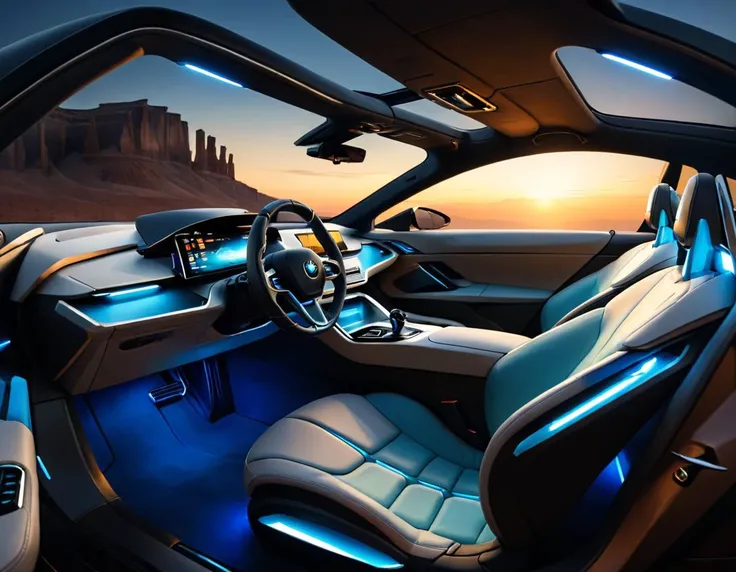 Surrealist art (Ultrarealistic:1.3) <lora:FF-weareelectric01:1> bmw i8 concept interior, glowing blue interior components, trending on vehicle design, glowing interior components, detailed ambient lighting, concept ar, ambient lighting from top, concept, c...