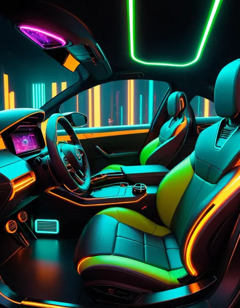 concept art (Ultrarealistic:1.3) <lora:FFusion-We-Are-Electric.64LORA:1> futuristic car interior with neon lights, neon ambient lighting, glowing interior components, futuristic product car shot, mechanical features and neon, futuristic interior, inside of...