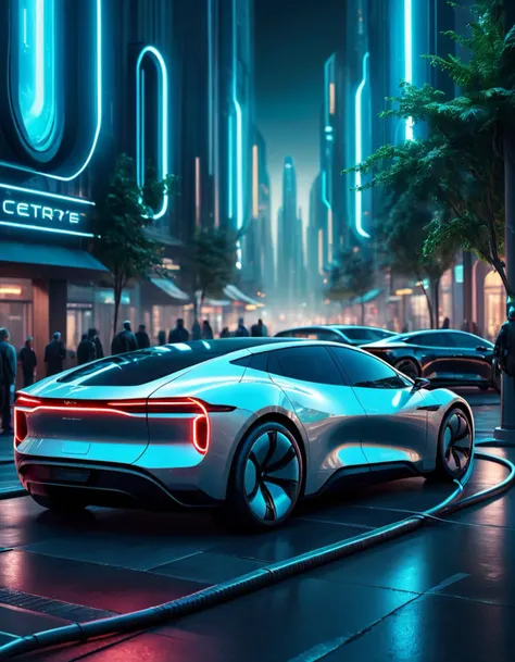 Surrealist art (Ultrarealistic:1.3) <lora:WeAreElectric-FFai-LoKr-vpred:1> electric cars charging at night in a city, cyberpunk city street background, charging through city, futuristic product car shot, amazing wallpaper, cybernetic city background, cyber...