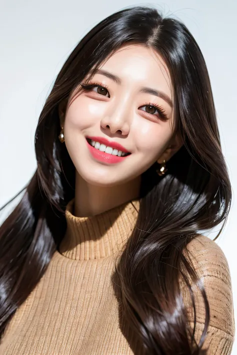 <lora:ITZY Yuna:1>, ITZY Yuna, face, turtleneck, close up, 1girl, solo, long_hair, looking_at_viewer, smile, teeth, realistic, head tilt, looking at viewer, photograph, photorealistic, beautiful and aesthetic, extremely detailed skin, extremely detailed ha...