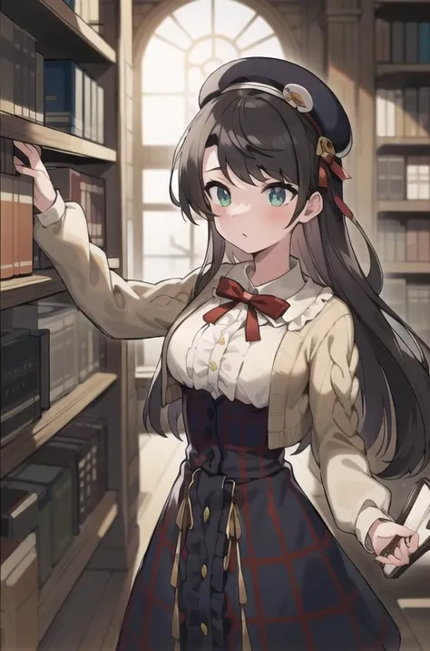 subaru_high-waist, frilled shirt, red bowtie, plaid skirt, pink sweater, open clothes, beret, long hair, white ribbon, (taking book of shelf:1.3), (reaching:1.2), <lora:oozoraSubaru-Shuba:1> BREAK
library, ornate library, bookshelves, leather chairs, ornat...