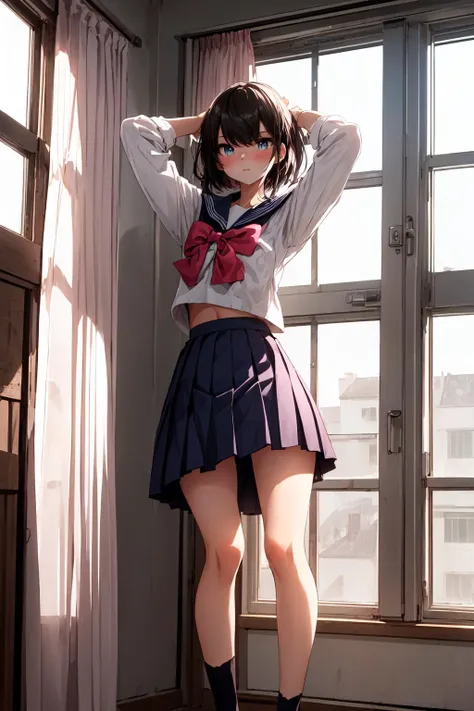 best quality,absurd res, 1girl,dramatic angle,cinematic lighting,slender body,long eyelashes,pink blush,looking at viewer,natural face,attractive pose,floor to ceiling window,
subaru_school, serafuku, pleated skirt,
 <lora:subaru_special-10:1>