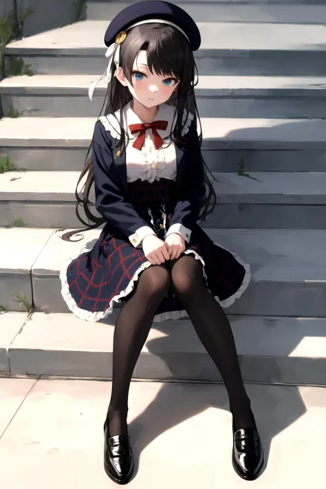 <lora:subaru_shuba:0.95> subaru_high-waist, frilled shirt, red bowtie, plaid skirt, open clothes, beret, long hair, white ribbon, black pantyhose, black footwear, full body, street, waiting, sitting on stairs, masterpiece, best quality, highres, <lora:Good...