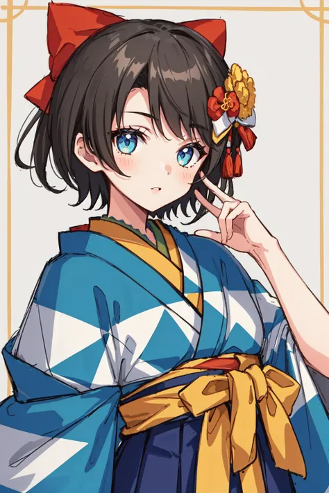 best quality, intricate details,
1girl,
 <lora:oozoraSubaruHololive_v2SpecialEdition:0.8> subaru_kimono, japanese clothes, blue capelet, hair bow, hair flower,