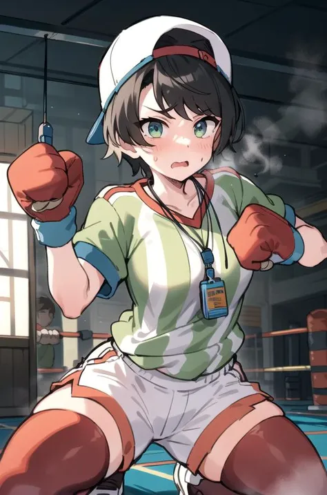 subaru_sports, striped shirt, white shorts, baseball cap, whistle, red legwear, white legwear, mismatched legwear, aggressive expression, clenched fists,  <lora:oozoraSubaru-Shuba:1> BREAK
boxing ring, gym, sports, punch bag, weights, fitness, exercise, (f...