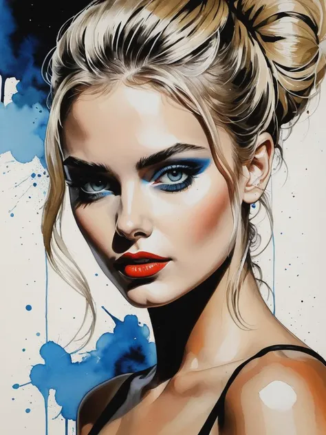 by LOUI JOVER, Watercolor painting, Vibrant, beautiful, painterly, detailed, textural, artistic, of a busty young woman by Emil Alzamora and Shohei Otomo and Frank Frazetta, stunningly beauty, blonde, bold lines, hyper detailed, dark limited palette, drama...