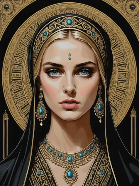 by LOUI JOVER, Neo-Byzantine, grand decorative religious style, Orthodox Christian inspired, Neo-Byzantine, of a busty young woman by Eugeniusz Å»ak and Henri Biva and Carlo Galli Bibiena, stunningly beauty, blonde, bold lines, hyper detailed, dark limited...